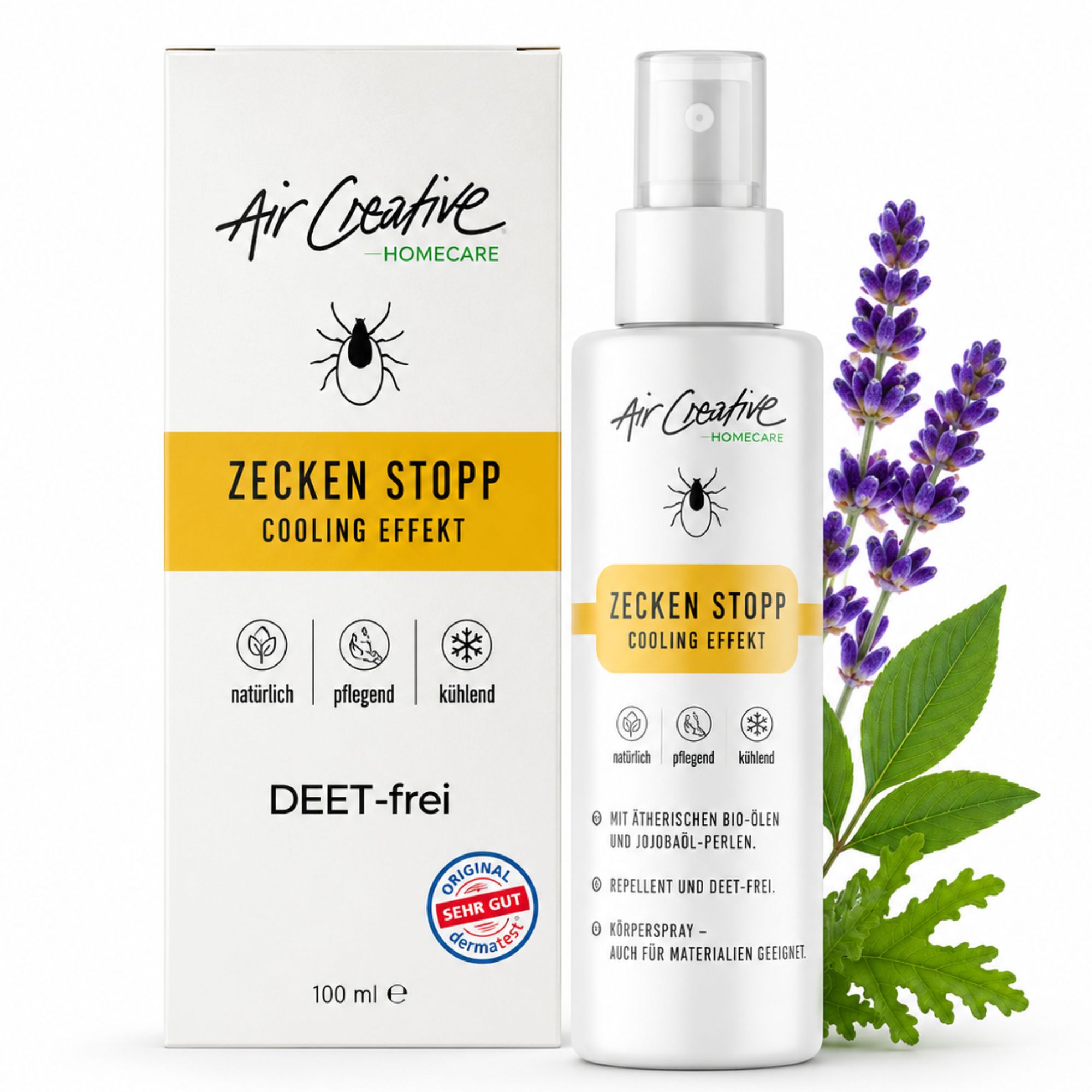 Air Creative Zecken Stopp Spray und Verpackung. Weißes Spray, gelber Streifen, Text. DEET-frei. Dermatologisch getestet.