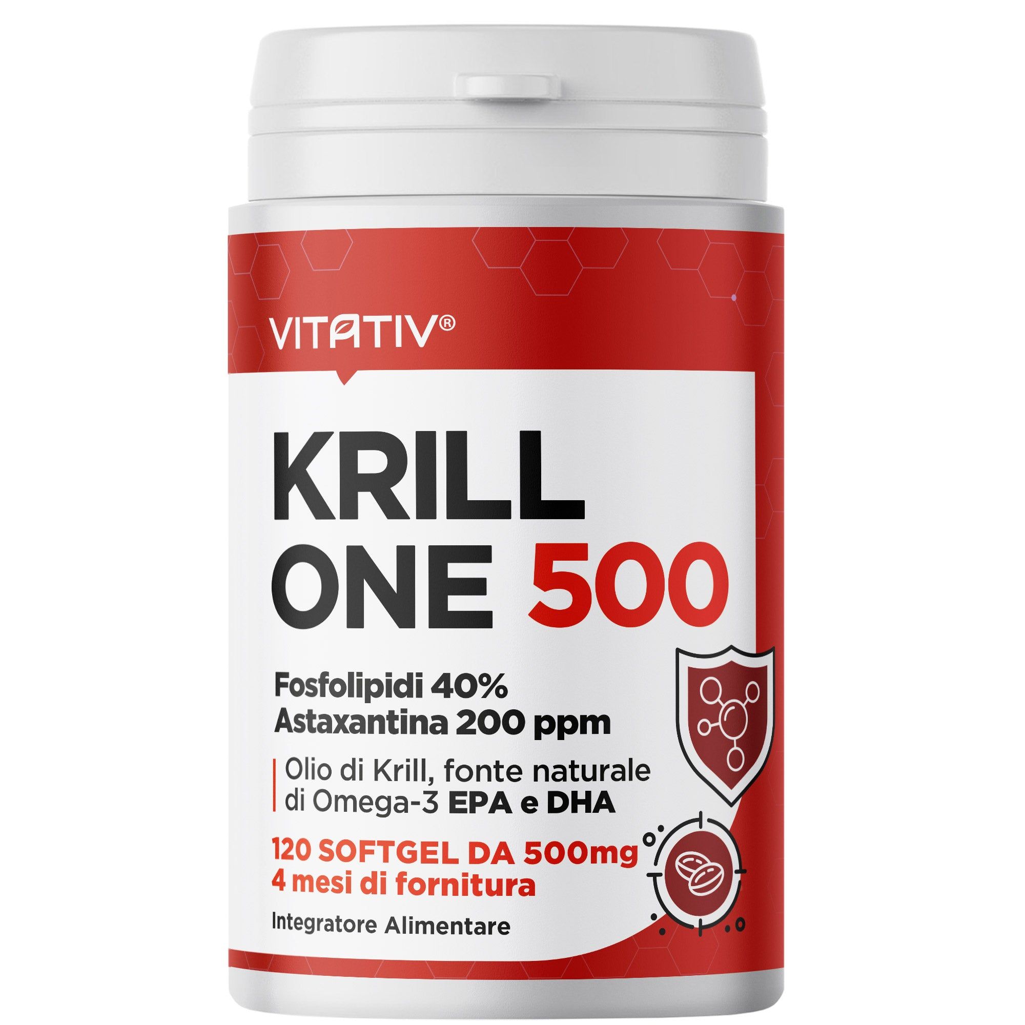 VITATIV Krill ONE - Olio di Krill Premium 500 mg con Omega-3 EPA e DHA, 40% Fosfolipidi, Astaxantina