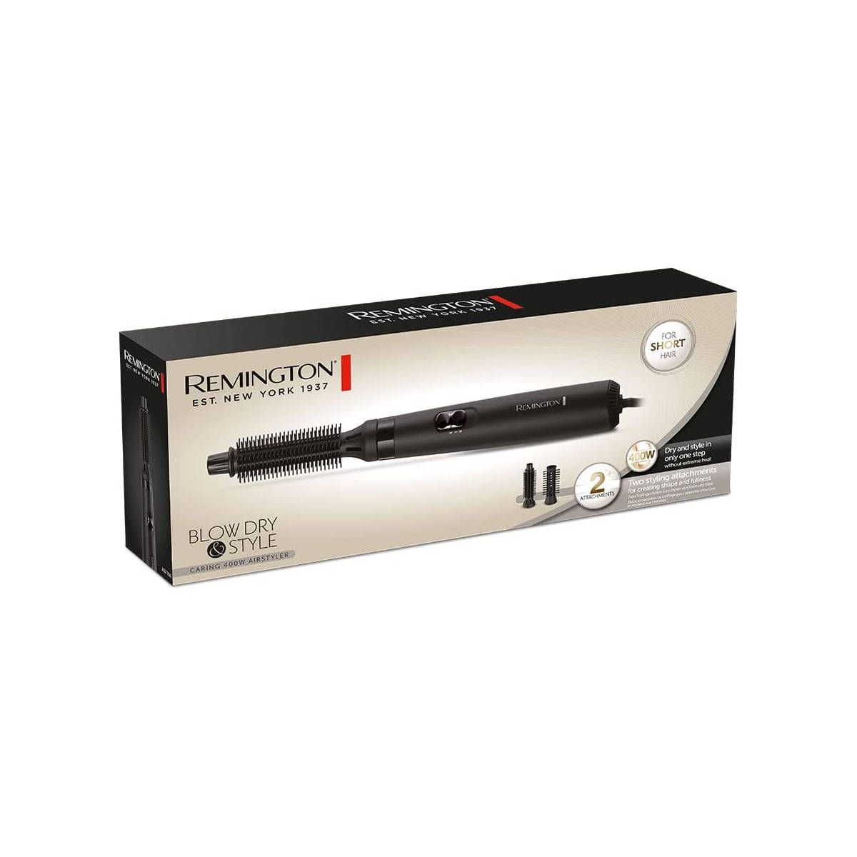Produktverpackung mit Haartrockner und Aufsätzen. Auf der Verpackung steht Remington. Das Produkt ist für kurzes Haar.