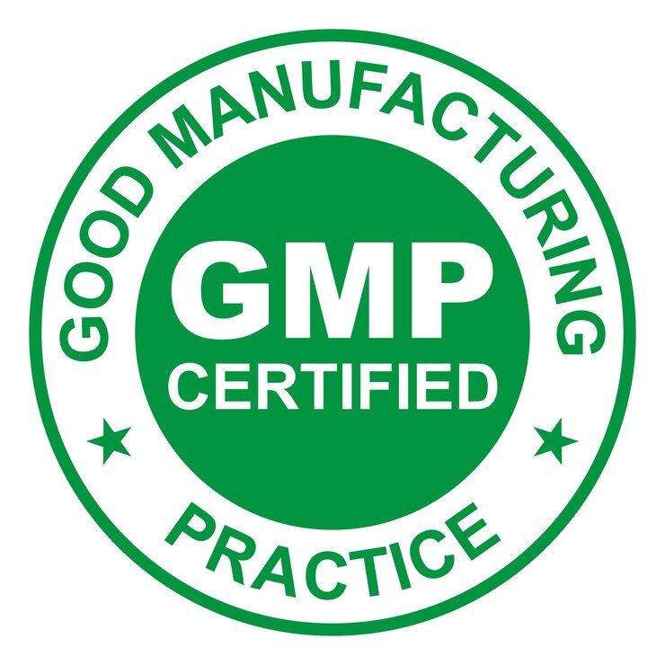 Rundes Logo mit Text: GOOD MANUFACTURING PRACTICE CERTIFIED.