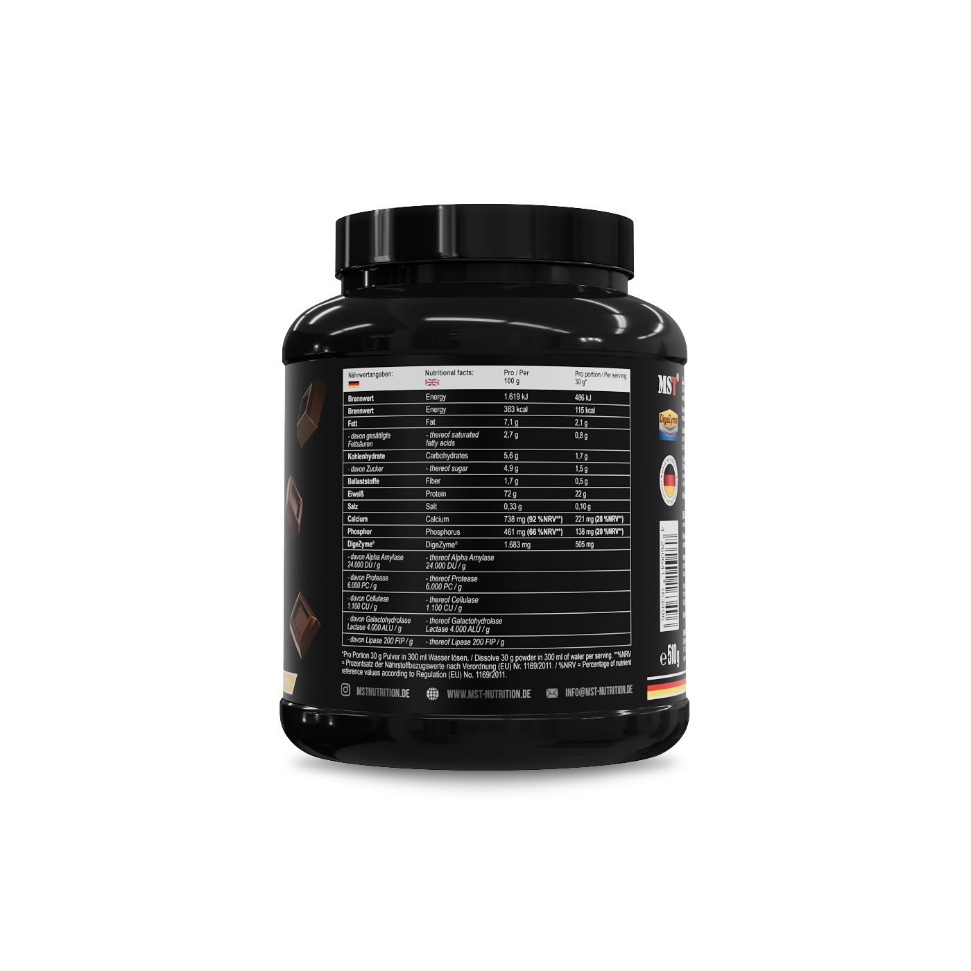 Rückseite der schwarzen Dose MST Best Whey Protein. Enthält Nährwertangaben und Inhaltsstoffe. Mit deutschem Flaggen-Logo.