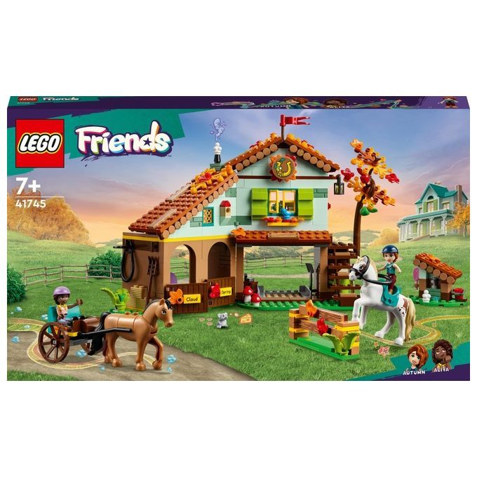 Set LEGO Friends 41745 La Scuderia di Autumn, con 2 cavalli giocattolo, carrozza e accessori. La confezione mostra una scena con un edificio della scuderia, cavalli e personaggi. Il set include una carrozza, una recinzione e altri elementi della fattoria.