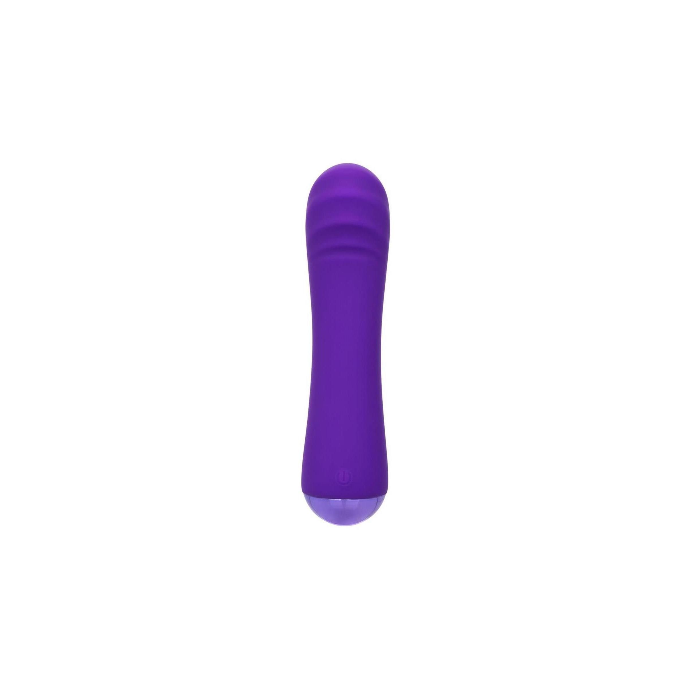 Lila Vibrator mit geriffelter Oberfläche. Zylindrische Form mit abgerundeter Spitze und Basis.