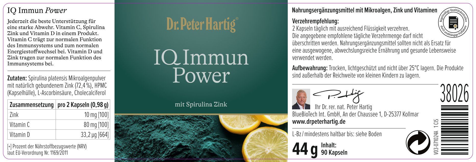 Produktetikett. Text: IQ Immun Power mit Spirulina Zink. Inhaltsstoffe, Anwendungshinweise. Logo: Dr. Peter Hartig. Flasche mit Kapseln.