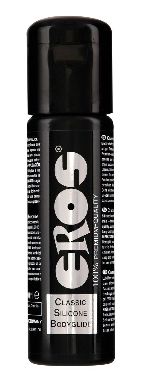 Schwarze Flasche mit schwarzem Deckel. Eros-Logo und Schriftzug „Classic Silicone Bodyglide“. Text auf der Flasche.
