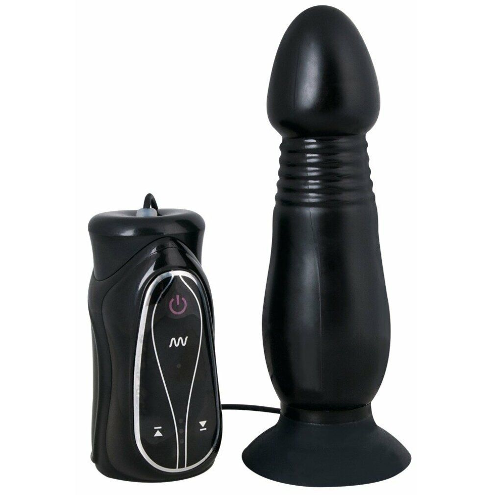 Schwarzer Vibrator mit geriffelter Oberfläche und abgerundeter Spitze. Mit Fernbedienung.