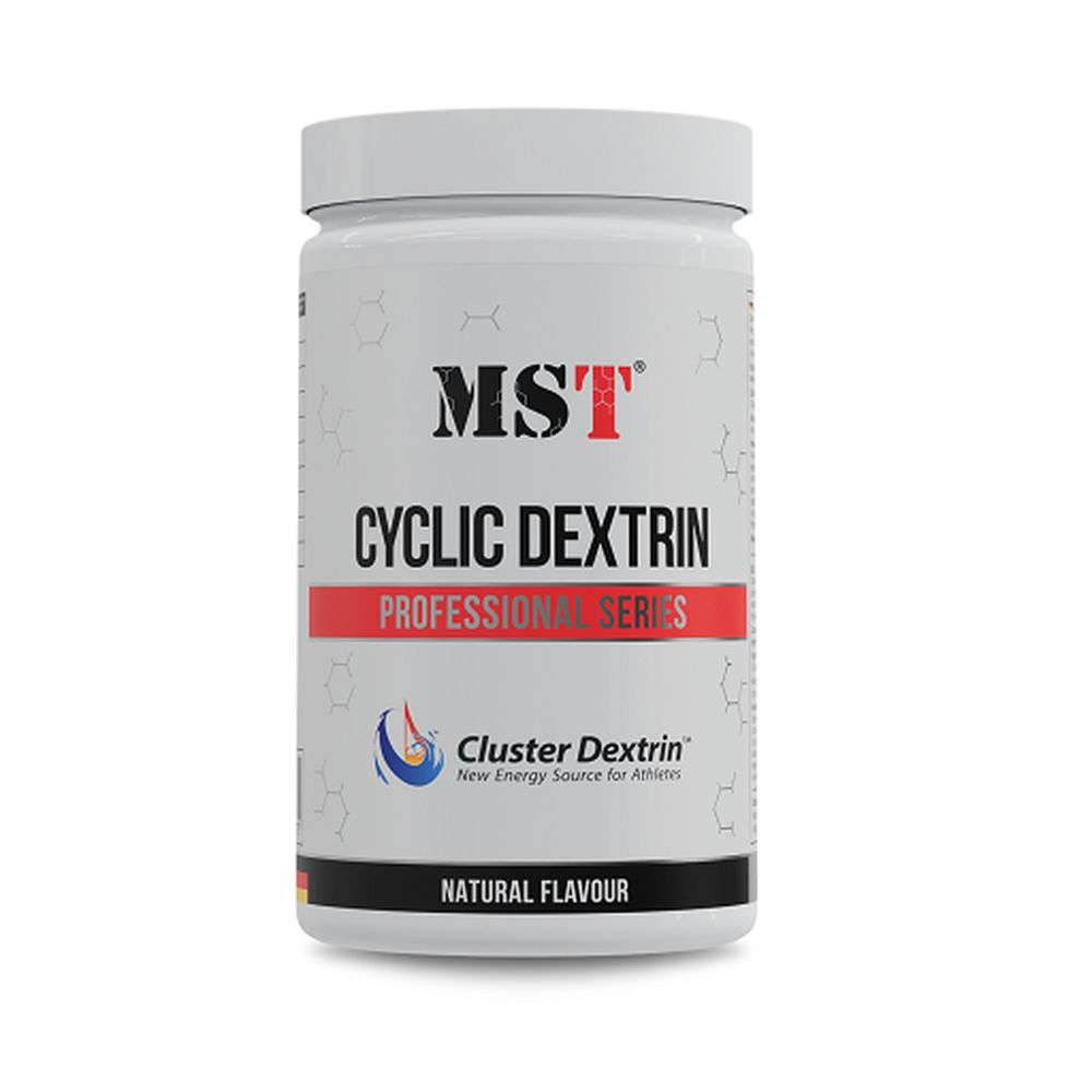 Weißes Supplement-Behälter mit roter und schwarzer Beschriftung. Aufschrift: MST, Cyclic Dextrin, Professional Series, Cluster Dextrin.