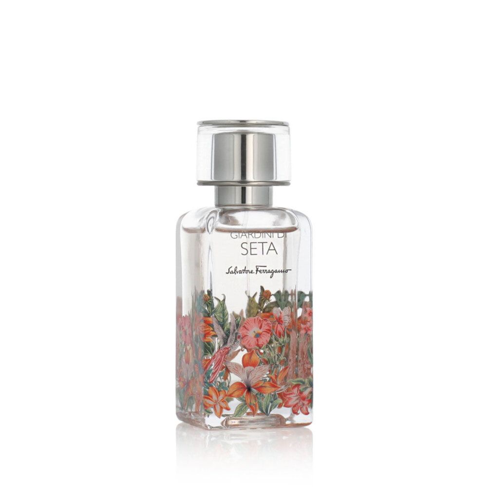 Salvatore Ferragamo Giardini di Seta Eau de Parfum Flakon mit floralem Design und silbernem Verschluss.