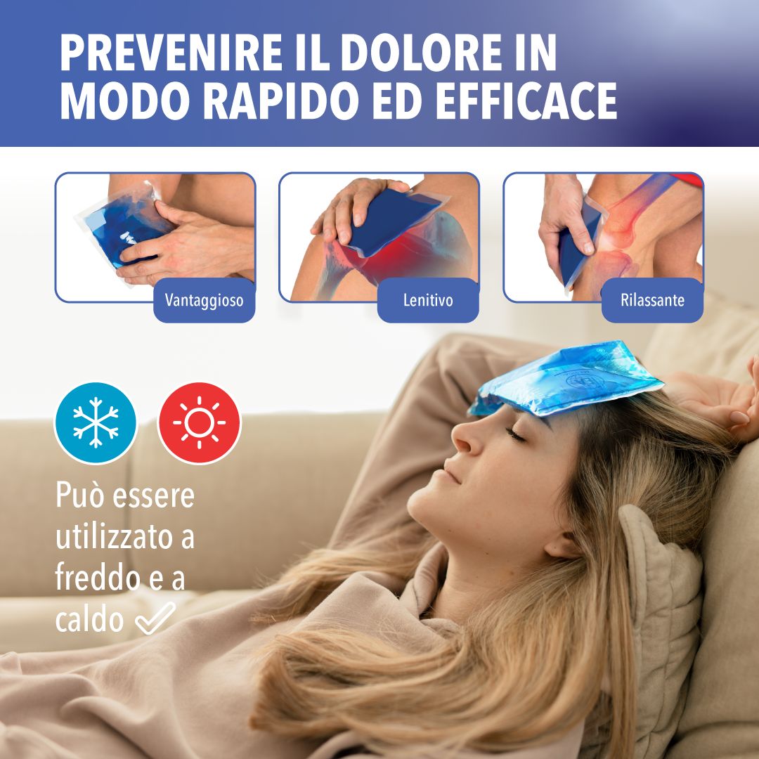 Donna sdraiata con una compressa fredda e calda sulla fronte. Tre immagini mostrano l'applicazione. Testo: Può essere utilizzato freddo e caldo.