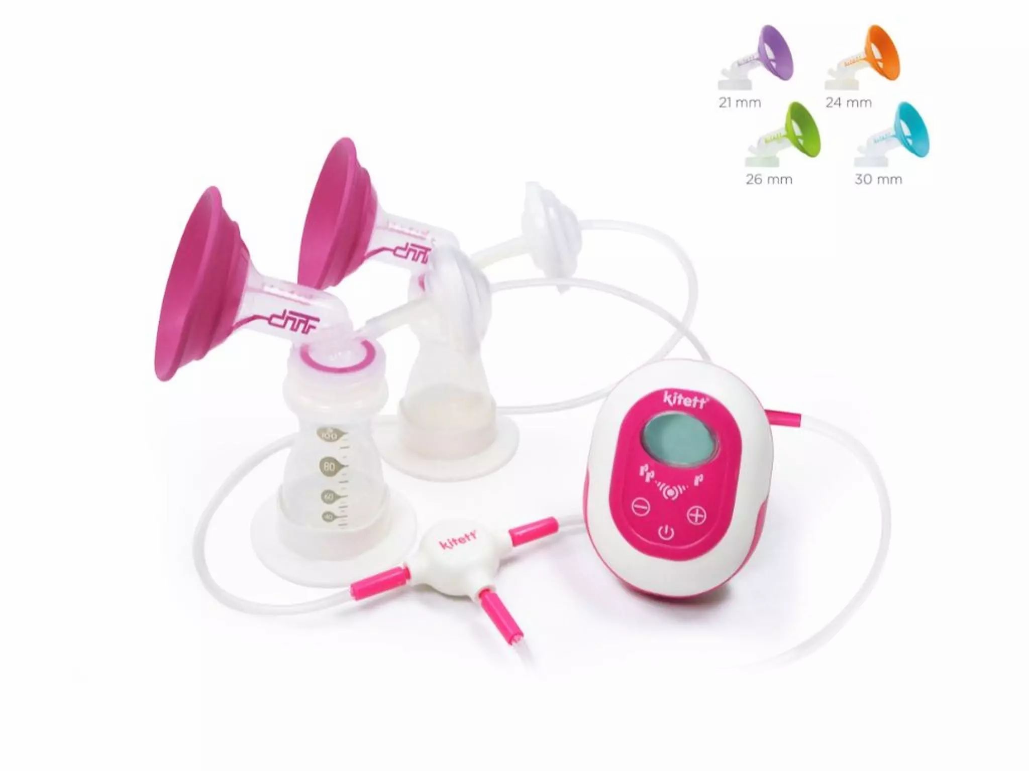 Tragbare Milchpumpe mit zwei Saugaufsätzen, Flaschen und Steuereinheit. Rosa und weiße Elemente. Zusätzliche Aufsätze.