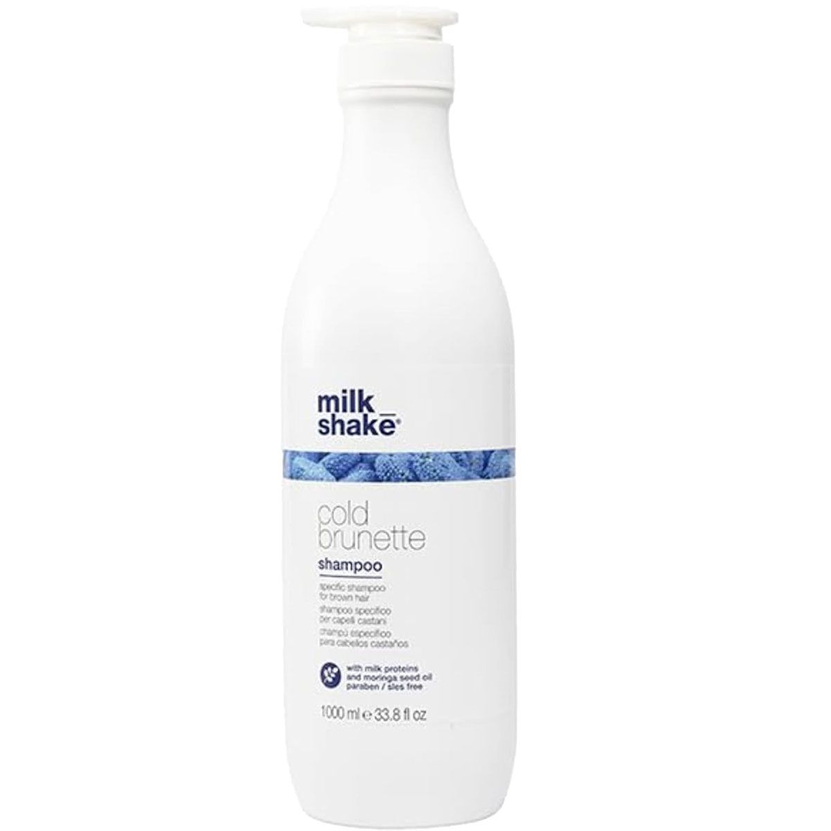 Weiße Pumpflasche mit milk_shake Cold Brunette Shampoo für braunes Haar. Enthält 1000 ml.