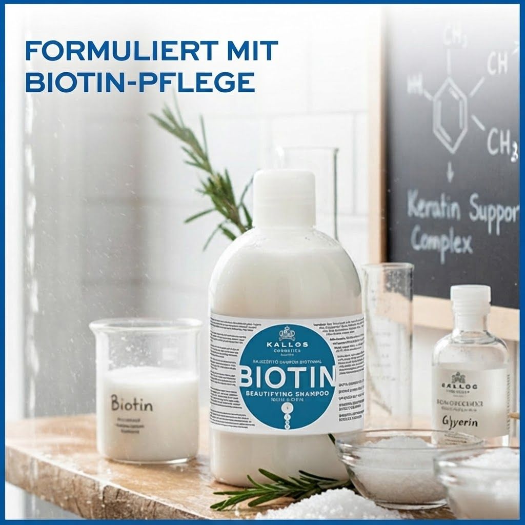 Laborumgebung mit Kallos Biotin Shampoo Flasche, Bechergläsern und Reagenzgläsern. Formuliert mit Biotin-Pflege.