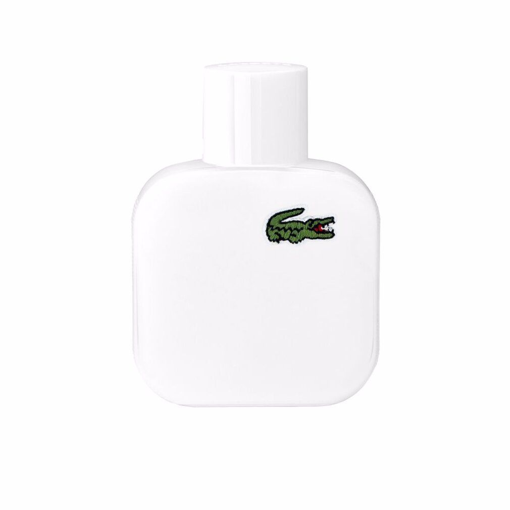 Weiße Flasche mit weißem Verschluss und Lacoste-Krokodil-Logo. Quadratische Form mit abgerundeten Ecken.