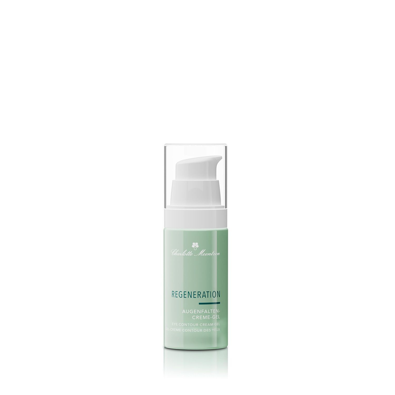 Charlotte Meentzen Regeneration Augenfalten-Creme-Gel. Grüne Flasche. Text: Regeneration, Augen, Creme-Gel.