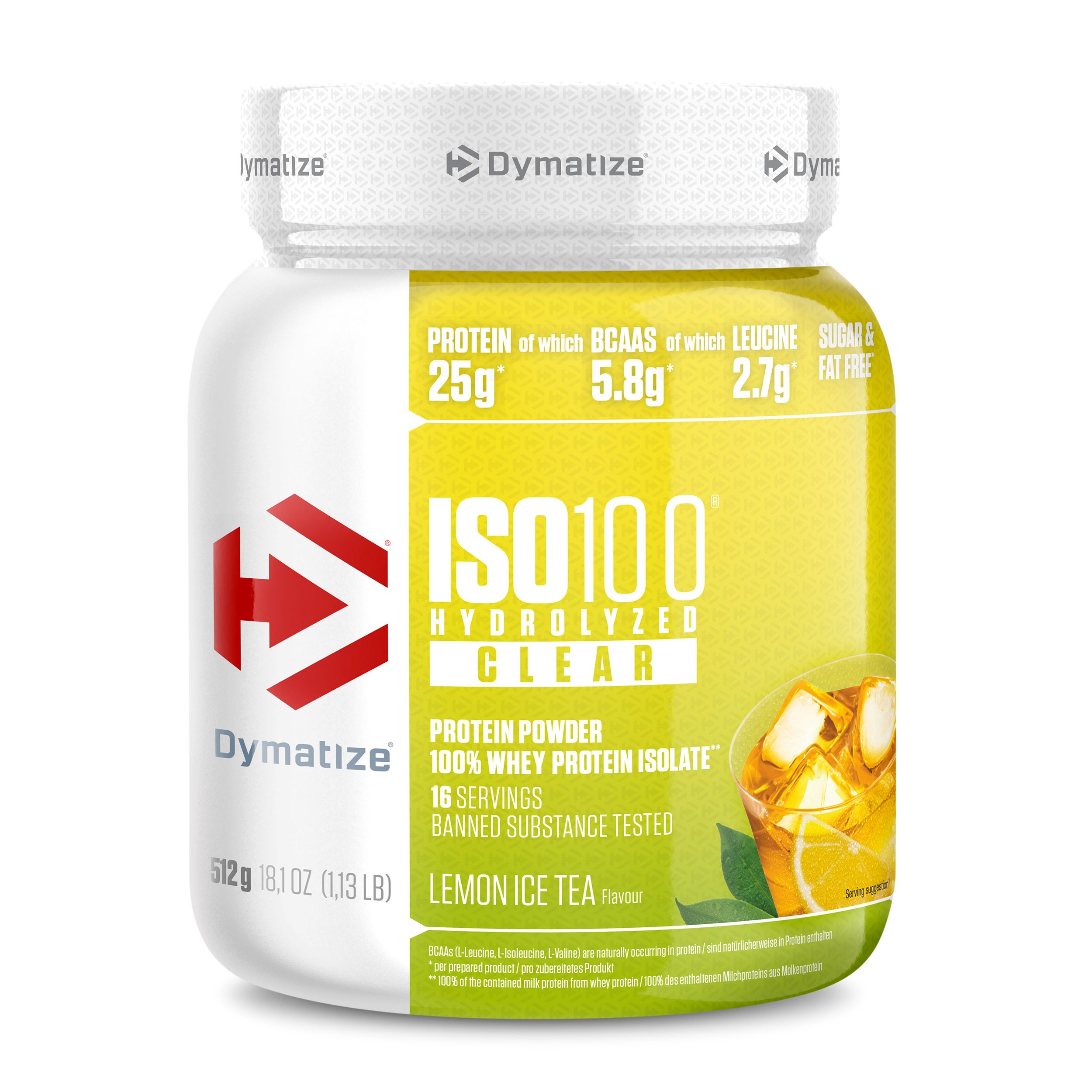 Weißes Produktglas mit gelbem Etikett. Aufschrift: ISO100 Hydrolized Clear, Lemon Ice Tea. 25g Protein, 5.8g BCAAs, 2.7g Leucin.