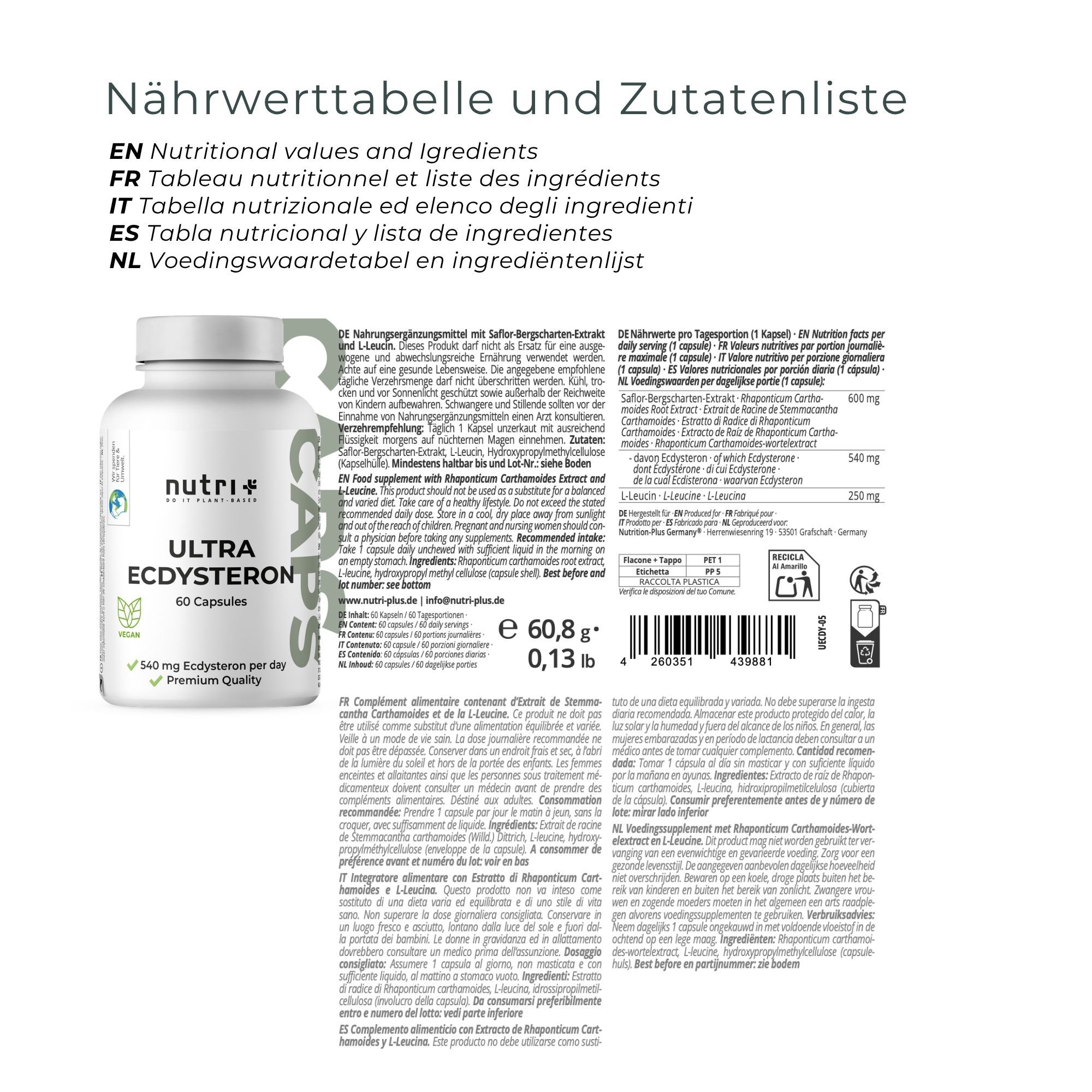 Weiße Kapsel-Flasche mit 'nutri+ ULTRA ECDYSTERONE 60 Capsules' Aufschrift.