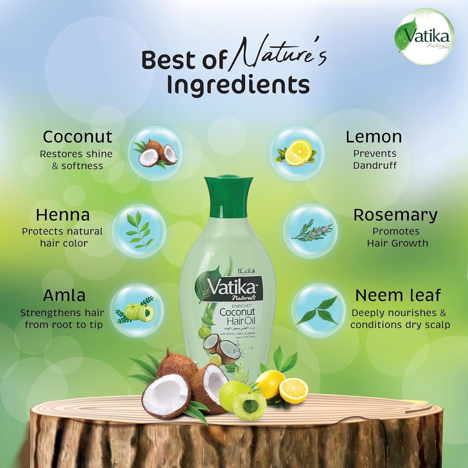 Grafik mit Zutaten: Kokosnuss, Zitrone, Henna, Rosmarin, Amla, Neemblatt. Flasche Vatika Naturals Kokos-Haaröl auf Holz. Text: Best of Nature's Ingredients.