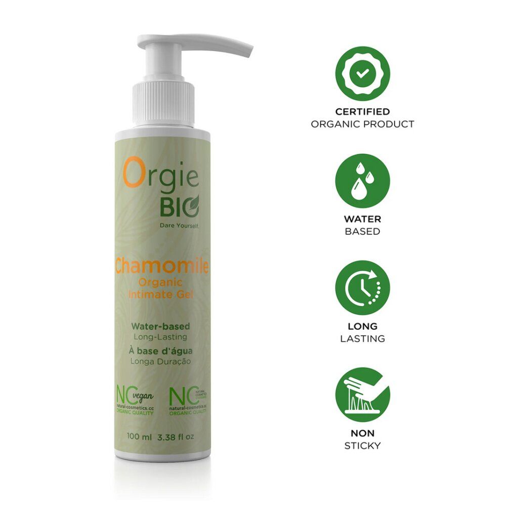 Orgie BIO Kamillen Intimgel Flasche mit Pumpspender und Siegeln.