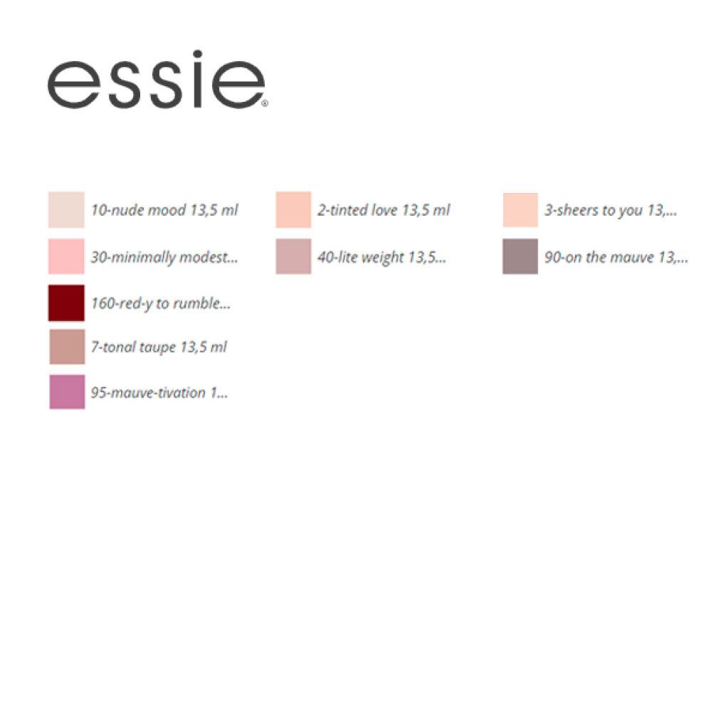 Farbpalette von Essie Nagellacken. Verschiedene Farben mit Namen und Volumenangabe.