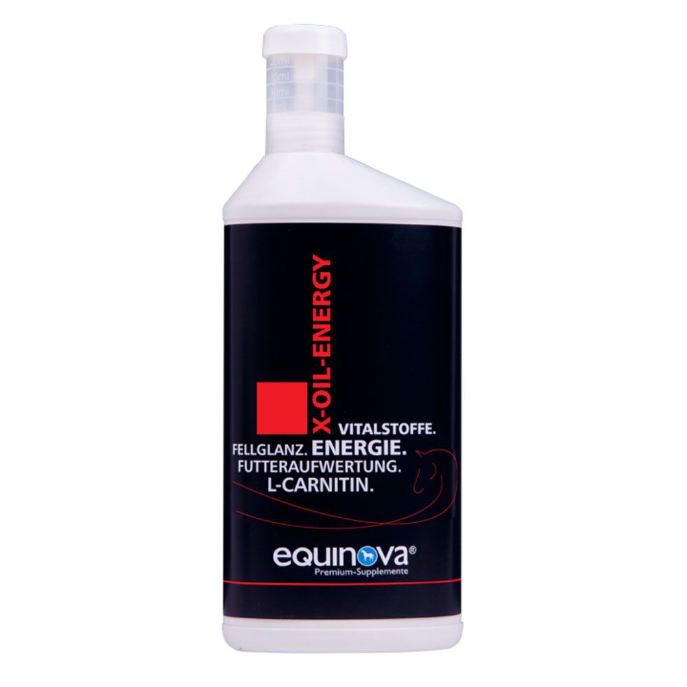 Flasche mit schwarzem Etikett. Text: X-OIL-ENERGY, Fellglanz, Energie, L-Carnitin. Marke: equinova.