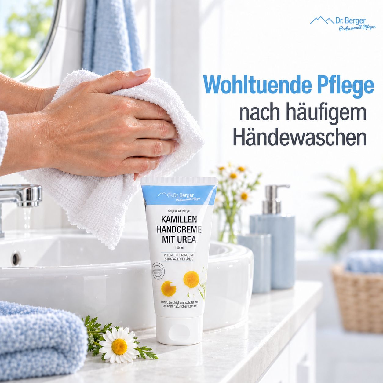 Dr. Berger Kamillen Handcreme mit Urea Tube auf einem Waschbecken nach dem Händewaschen.
