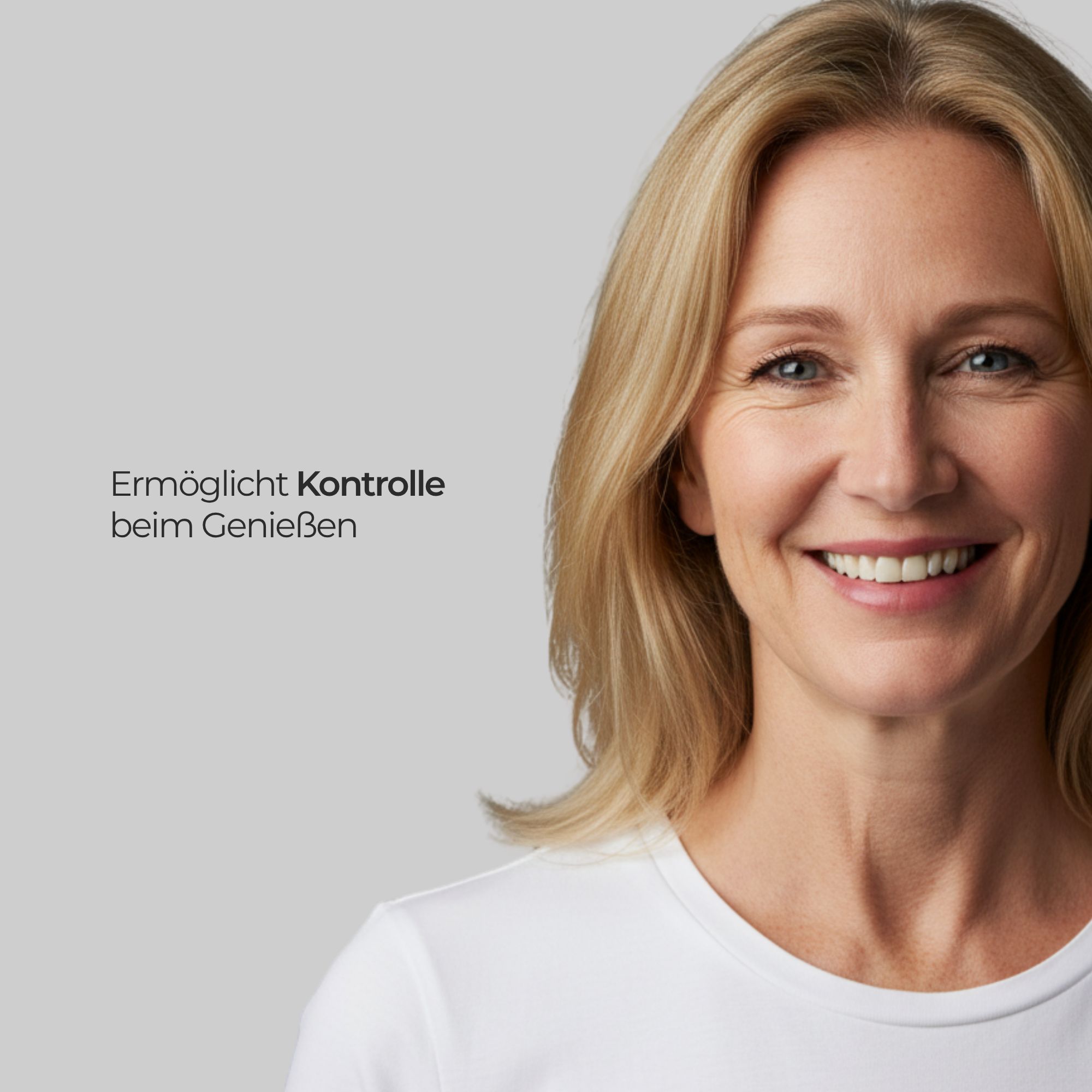 Lächelnde Frau. Text: Ermöglicht Kontrolle beim Genießen.