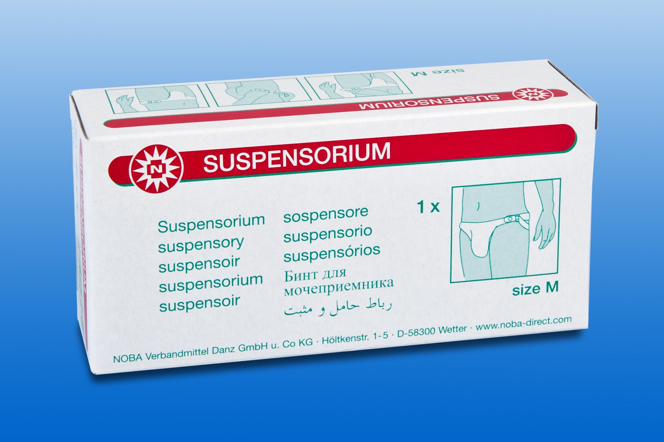 Verpackung mit weißem NOBA Suspensorium. Aufschrift SUSPENSORIUM, Größenangabe M. Illustration eines Mannes, der das Produkt trägt.