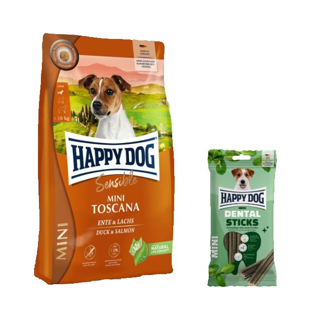 Happy Dog Supreme Mini Toscana + Dental Sticks für Hunde 4,1 kg