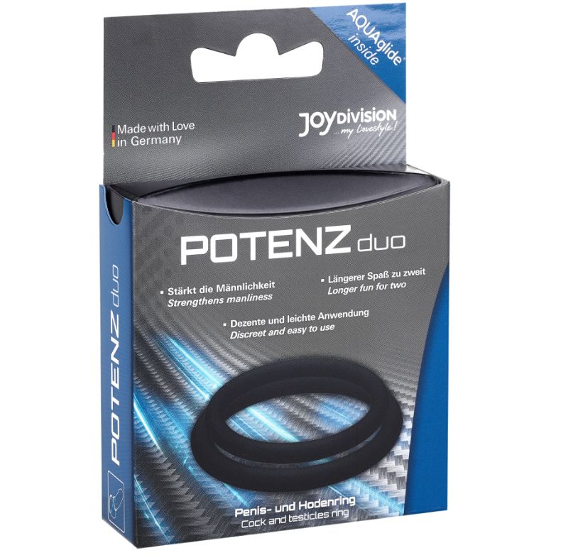 Schwarze Produktverpackung für Potenz Duo Penis- und Hodenringe, mit Produktabbildung und Herstellerangaben.