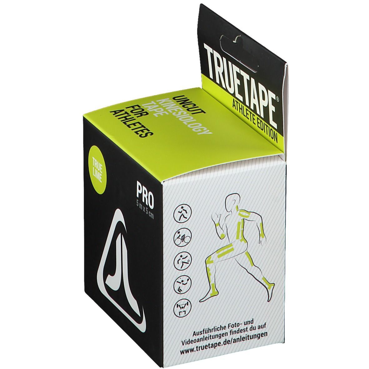Verpackung von TRUETAPE® Kinesiotape Pro grün. Aufschrift: TRUE TAPE ATHLETE EDITION, PRO 5 m x 5 cm. Illustration eines Läufers mit Tape.
