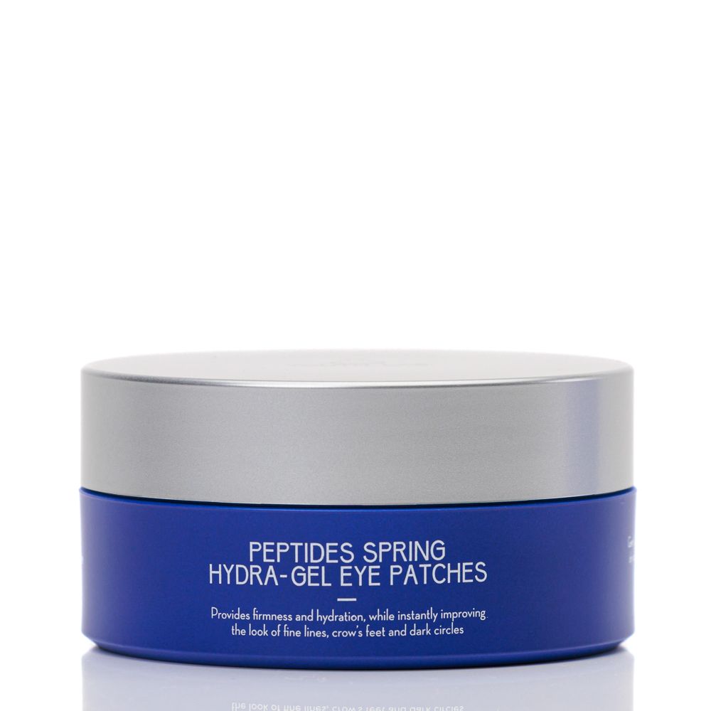 Blaue Dose mit silbernem Deckel. Aufschrift: PEPTIDES SPRING HYDRA-GEL EYE PATCHES. Text darunter.