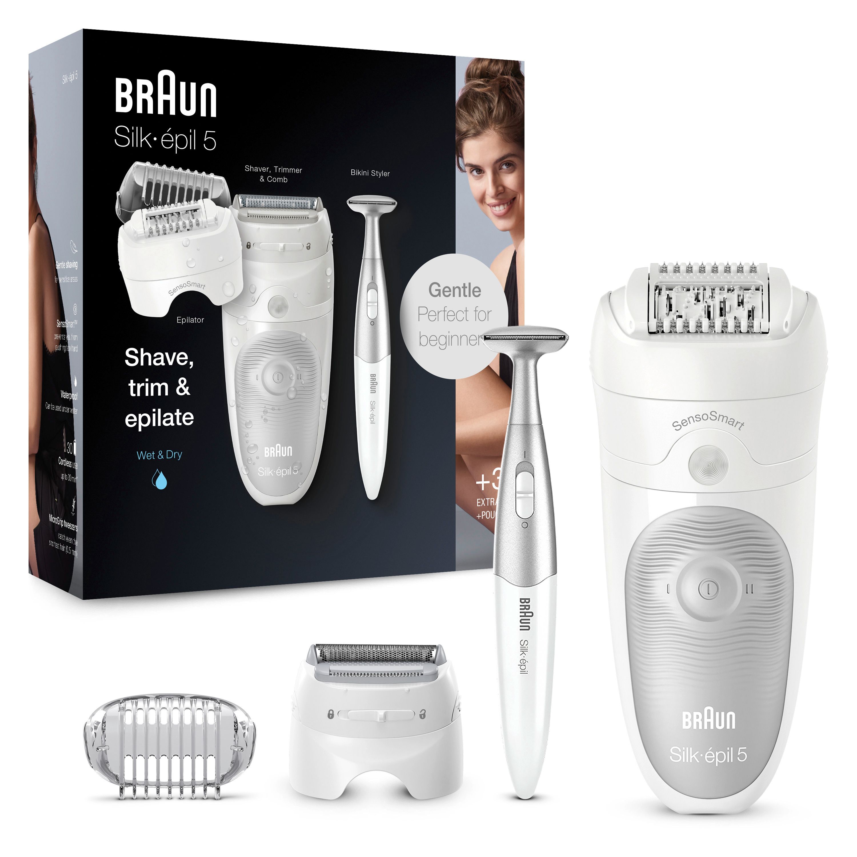 Braun Silk-épil 5-805. Epilierer, Trimmer, und Bikini-Styler. Zubehör: Aufsätze, Ladestation. Verpackung mit Produktabbildung und Model.