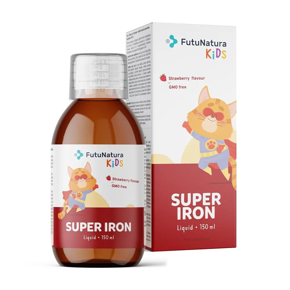 Flüssiges Nahrungsergänzungsmittel in einer Flasche und Verpackung. Aufschrift: Super Iron, Erdbeergeschmack, GMO-frei.