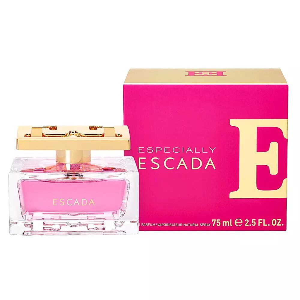 Parfümflakon und Verpackung. Flakon und Verpackung rosa. Text: ESPECIALLY ESCADA, 75 ml.