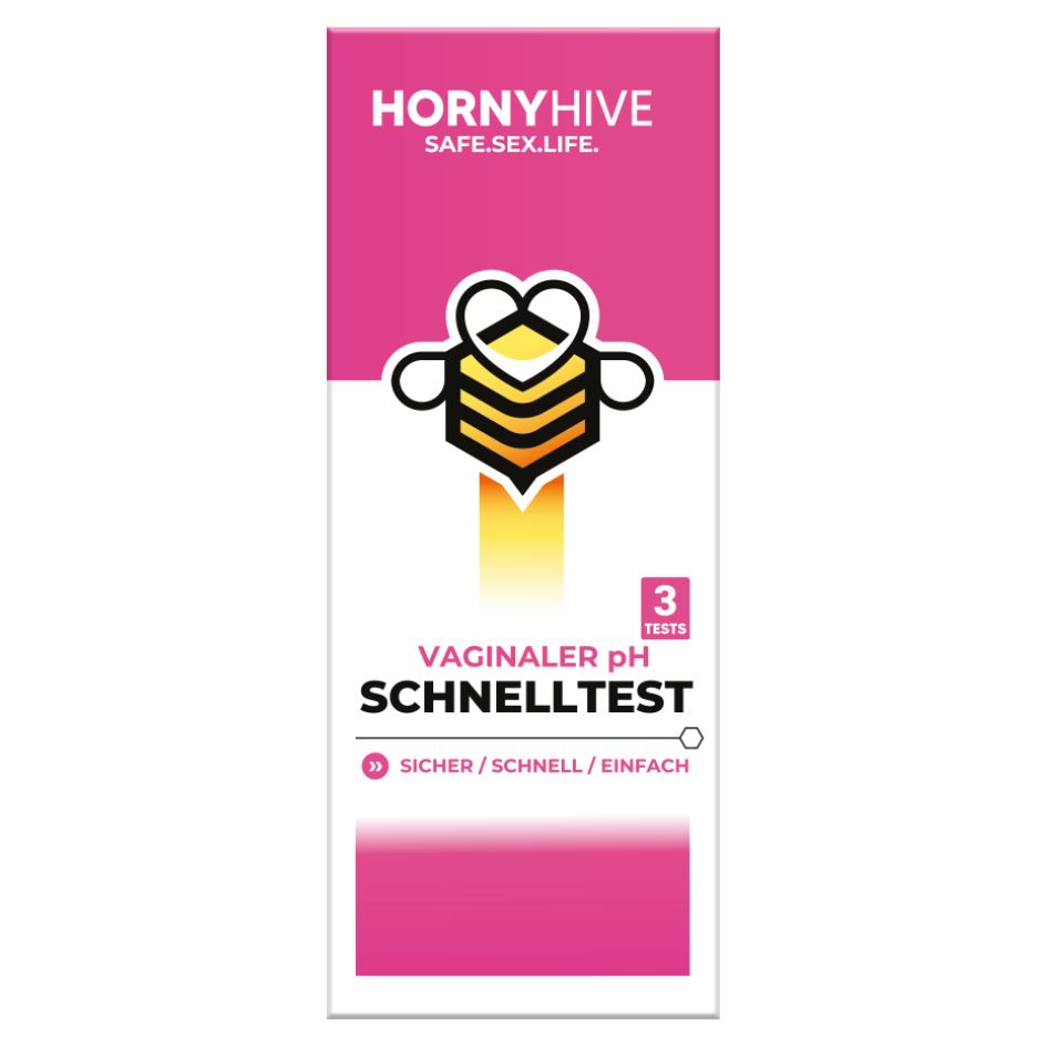 Verpackung mit "Horny Hive"-Logo und Text "Vaginaler pH Schnelltest". Enthält 3 Tests. Rosa und weißes Design.