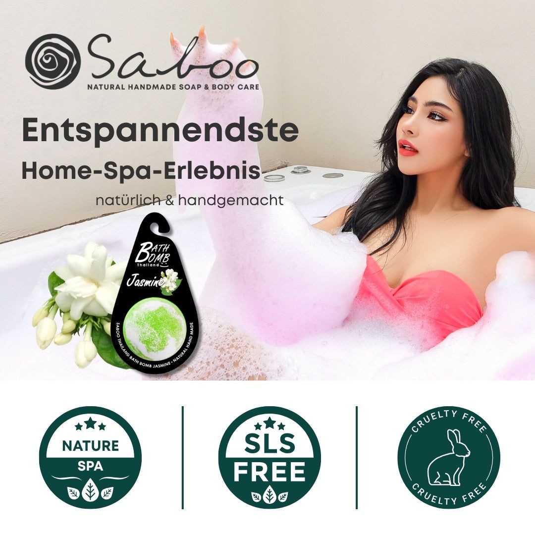 Frau in Badewanne mit Schaum. Produkte: Nature Spa, SLS Free, Cruelty Free. Text: Natürlich & handgemacht.