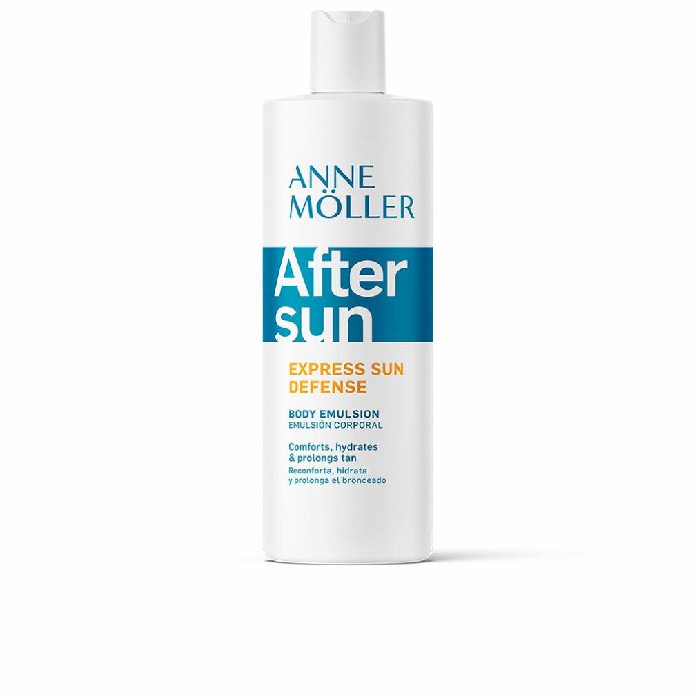 Weiße Flasche mit blauer und orangefarbener Beschriftung. Aufschrift: Anne Möller After Sun Express Sun Defense Body Emulsion.