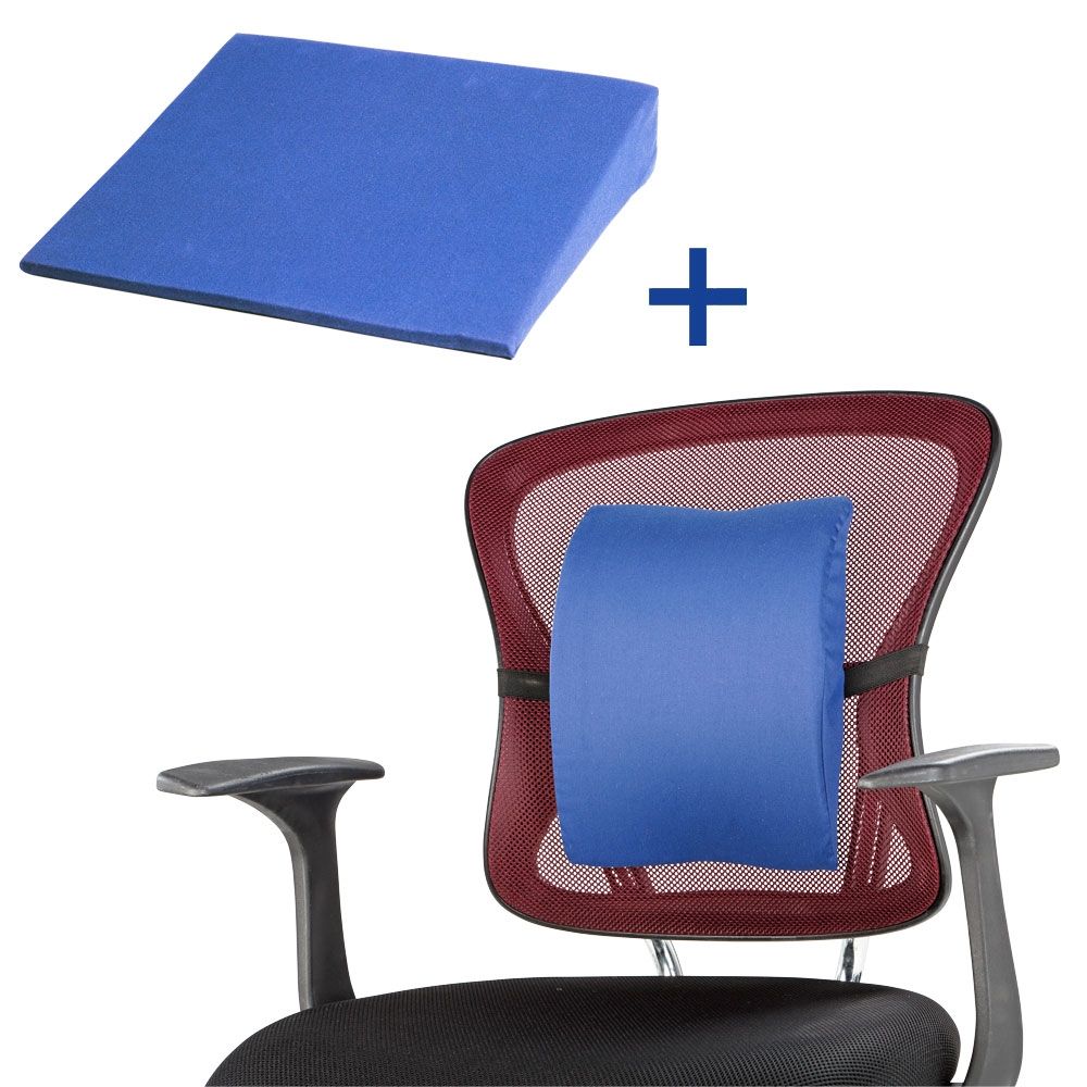 Blaues Keilkissen und Lendenkissen. Das Lendenkissen ist an einem Bürostuhl befestigt.