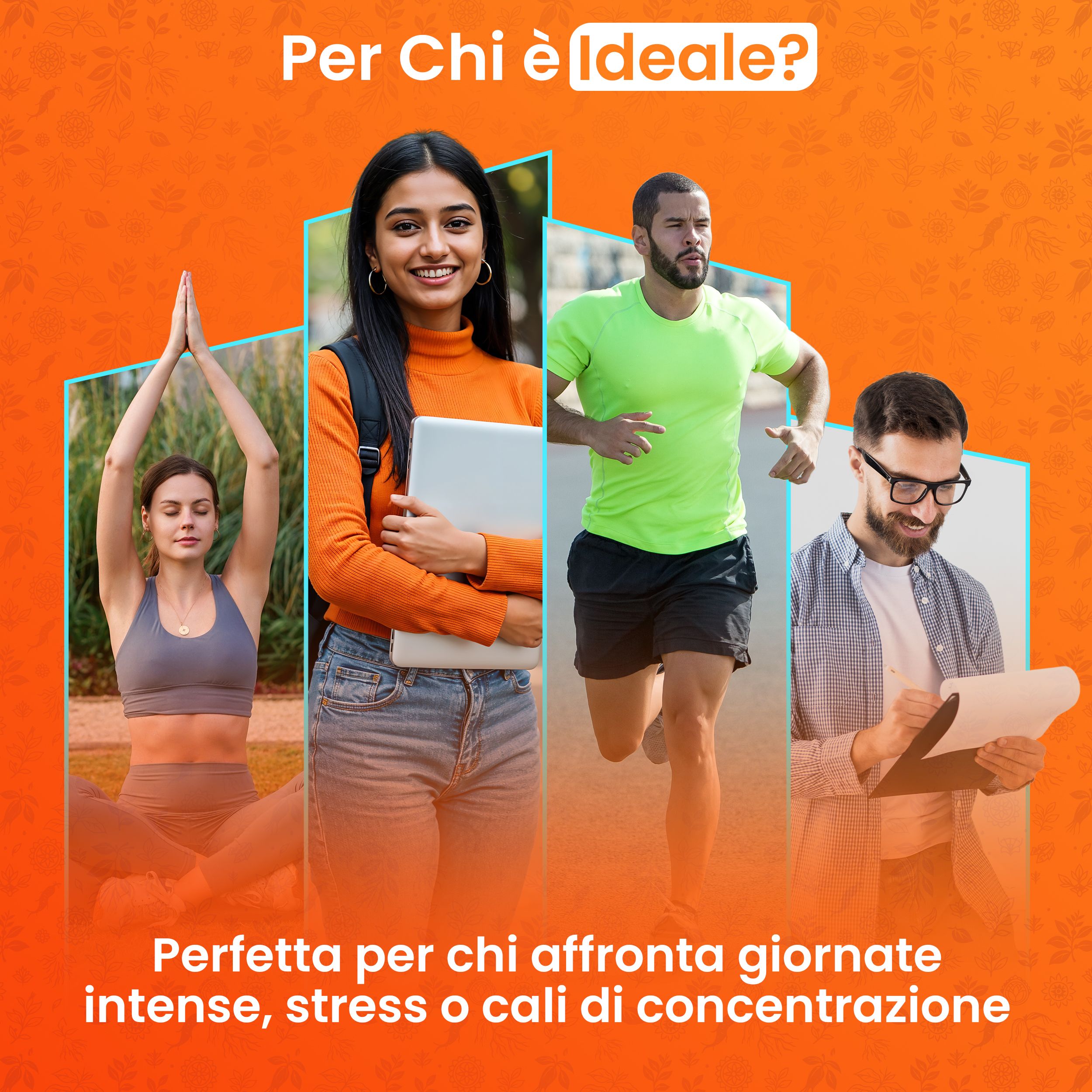 Collage von Personen: Yoga, Studentin, Läufer, Geschäftsmann mit Vitastrong Ashwagandha.