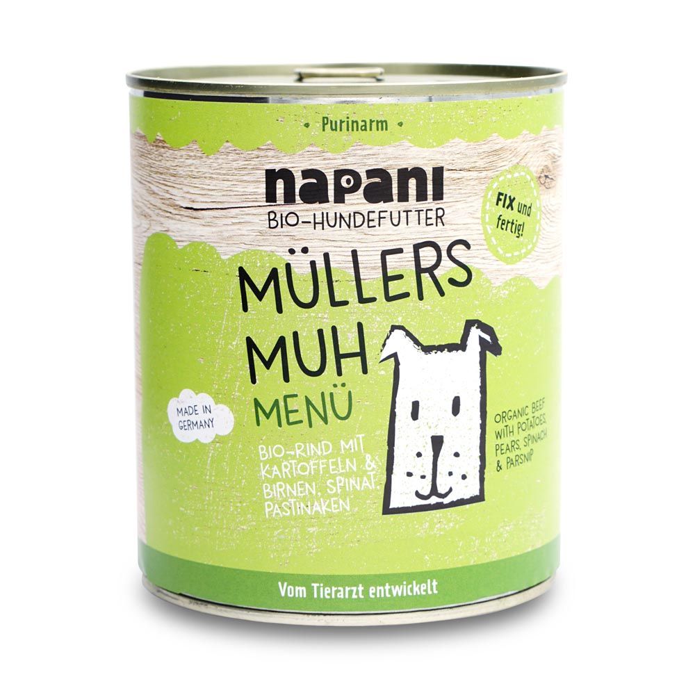 Grüne Dose mit Aufschrift 'napani Bio-Hundefutter'. Enthält 'Müllers Muh Menü' mit Bio-Rindfleisch, Kartoffeln, Birnen, Spinat, Pastinaken.