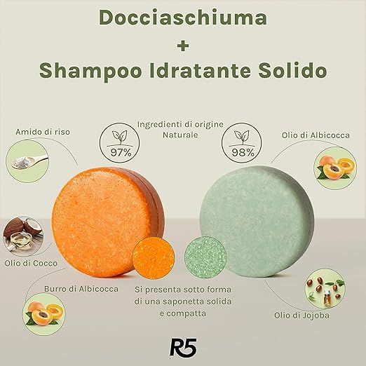 Zwei runde Seifenstücke, orange und grün, mit Zutatenabbildungen. Text: „Docciaschiuma + Shampoo Idratante Solido“ und „R5“.