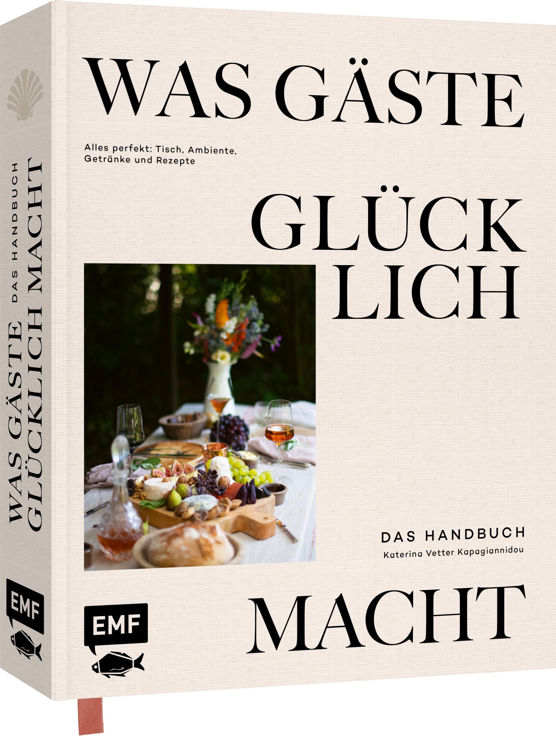 Buchcover mit Titel „Was Gäste glücklich macht“. Aufschrift in Schwarz. Bild von gedecktem Tisch. Verlag EMF.