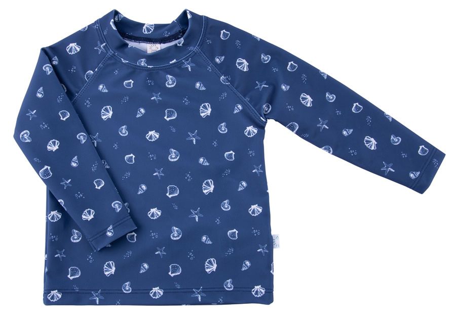 Blaues Langarmshirt mit Muschel- und Seesternmuster. Rundhalsausschnitt. Kleines Etikett am Saum.