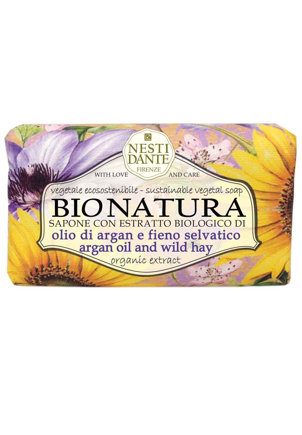 Seife mit floralem Design. Aufschrift: BIONATURA, olio di argan e fieno selvatico, organic extract. Marke: Nesti Dante.