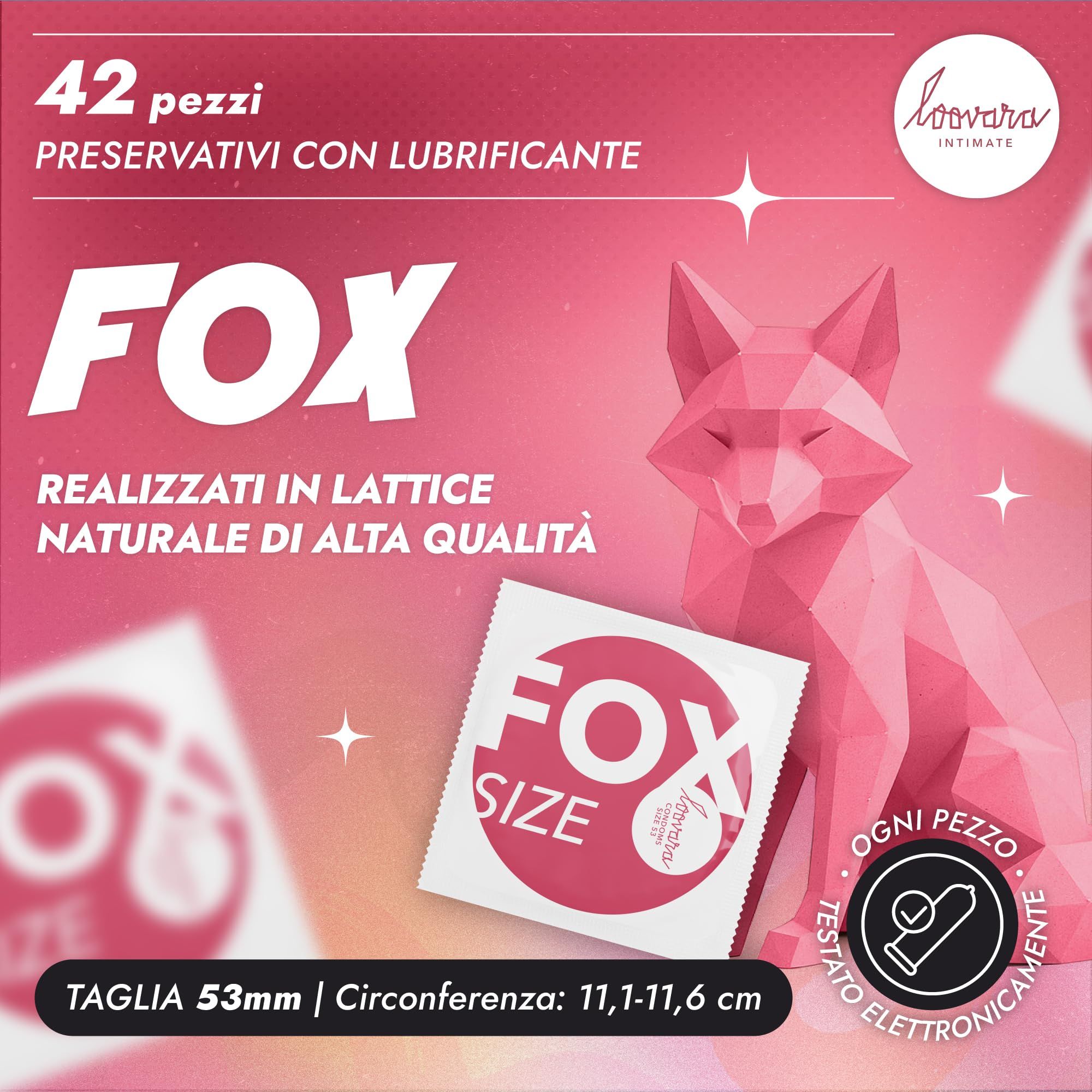 42 Loovara Fox Kondome, Größe 53, mit Schmiermittel. Packung mit stilisiertem Fuchs.