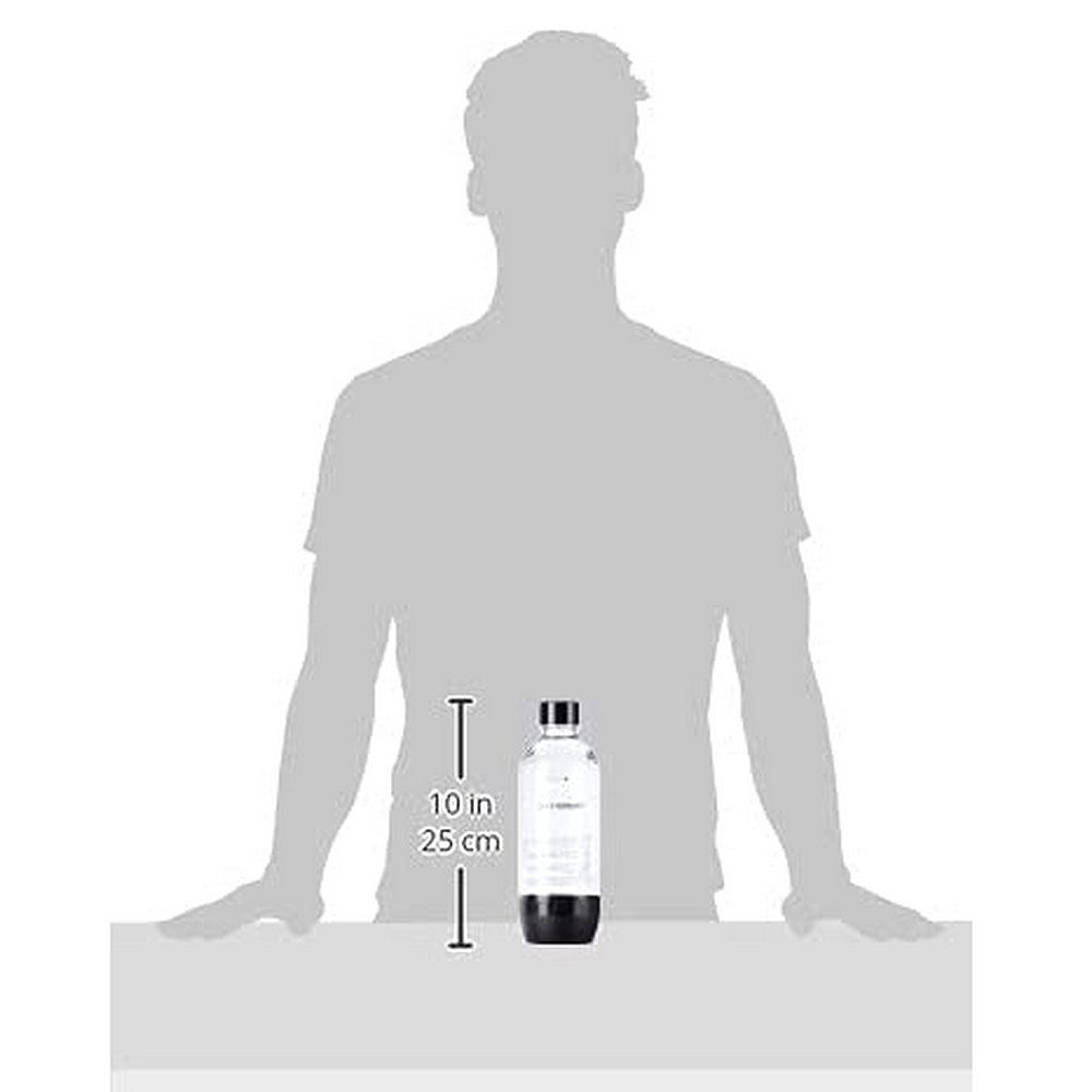 SodaStream PET-Flasche, 1L, Höhe ca. 25 cm, neben einer Silhouette.