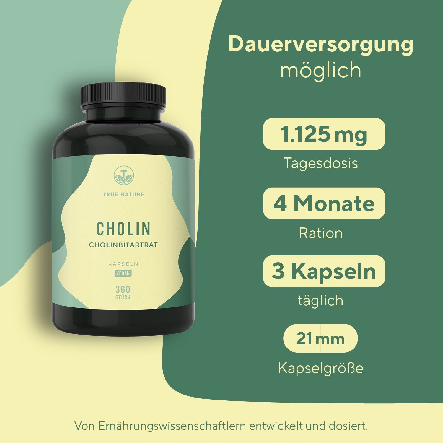 True Nature® Cholin Kapseln - Vegan & Made in Germany 2x360 St