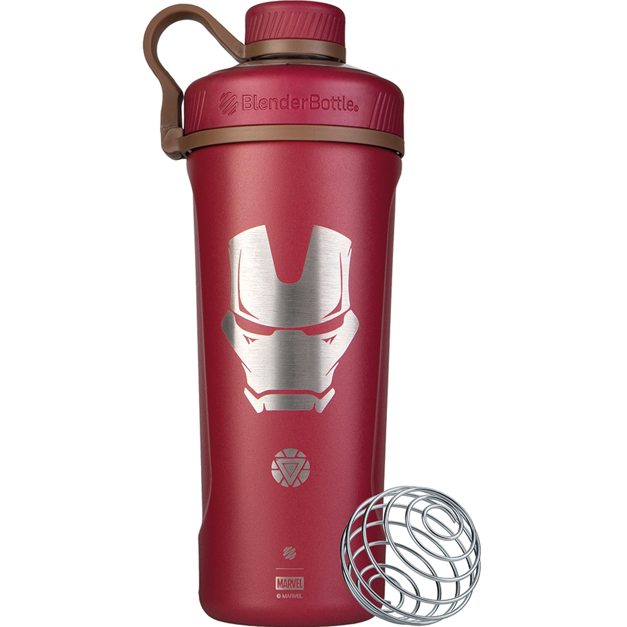 Rote Edelstahl-Trinkflasche mit Iron Man-Motiv und Kugel. Deckel und Griff braun. Marvel-Logo.