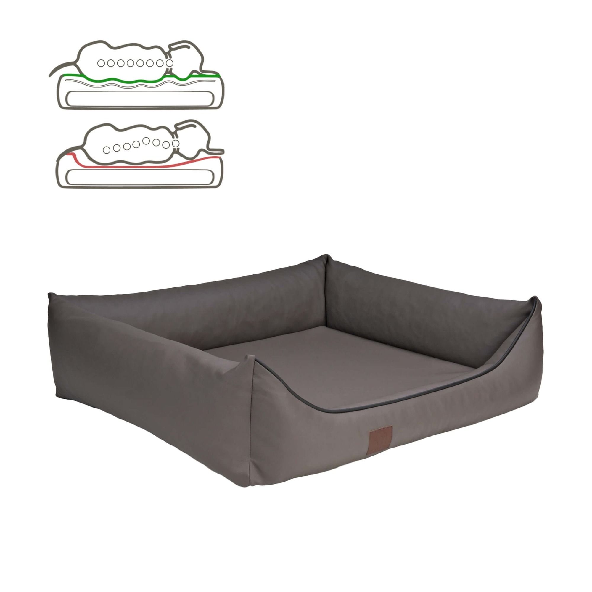 Hundebett, Kunstleder, Farbe Taupe. Rechteckige Form mit erhöhten Rändern. Braunes Label.