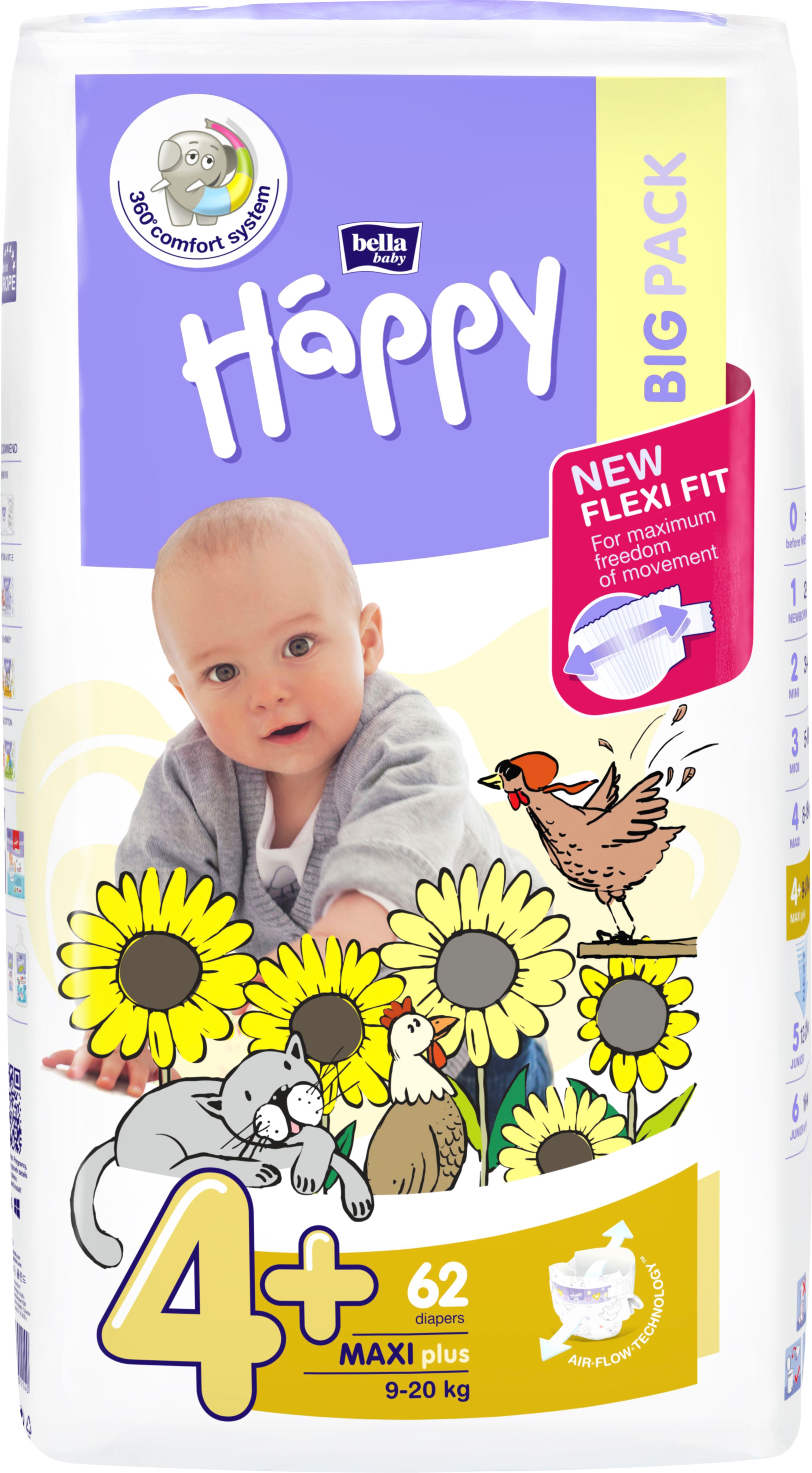 Verpackung mit Baby, Sonnenblumen und Aufschrift "Happy". Enthält 62 Maxi Plus Windeln.
